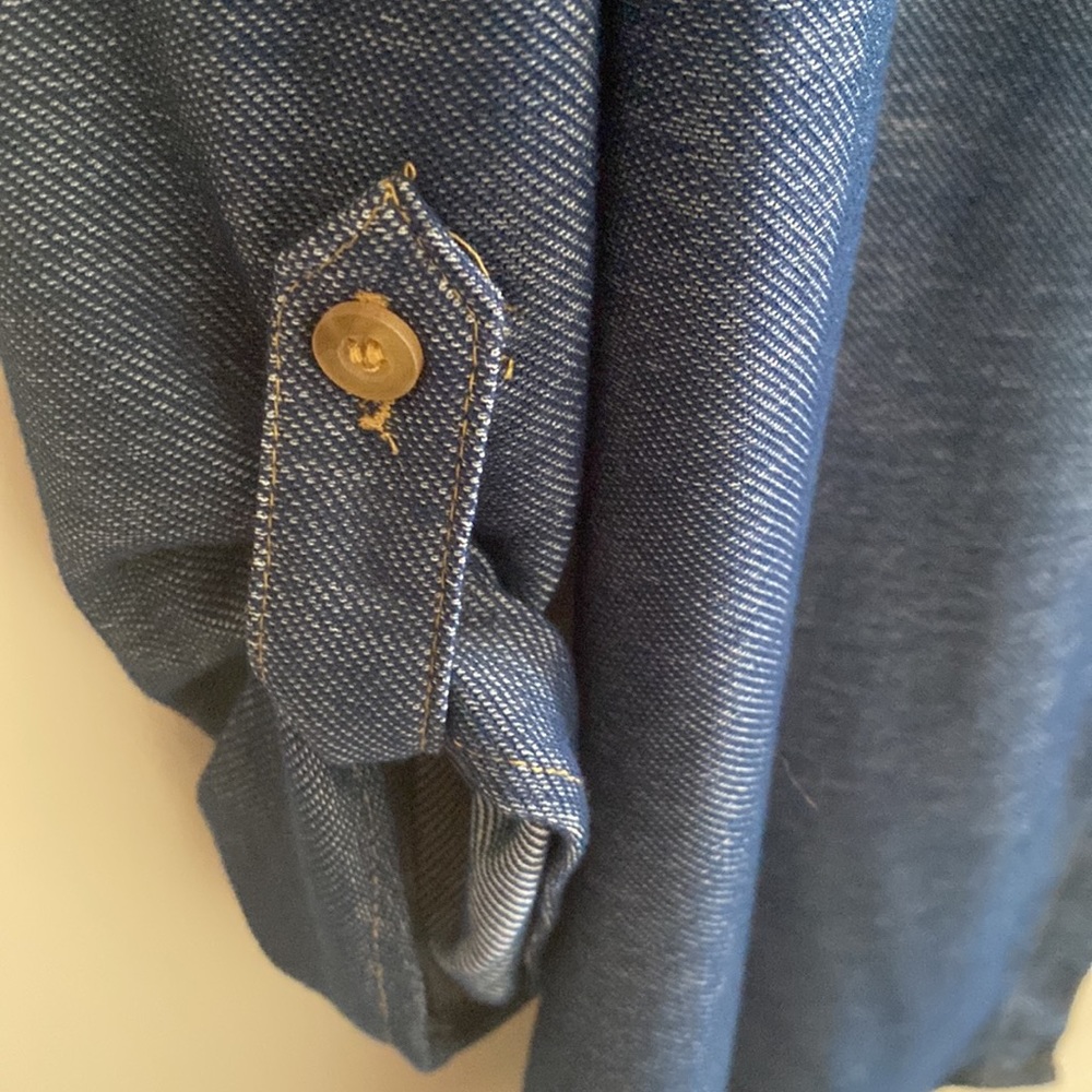 Knit Denim Color Roll Tab Sleeve Button Down Top - Picture 3 of 3